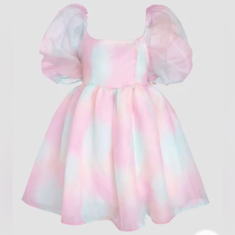 Pastel color block square-neck puff sleeve dress size Small